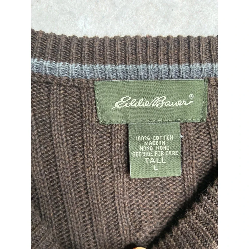 Eddie Bauer Mens Brown Cable Knit Cotton Crew Neck Sweater Large Tall L T 6298